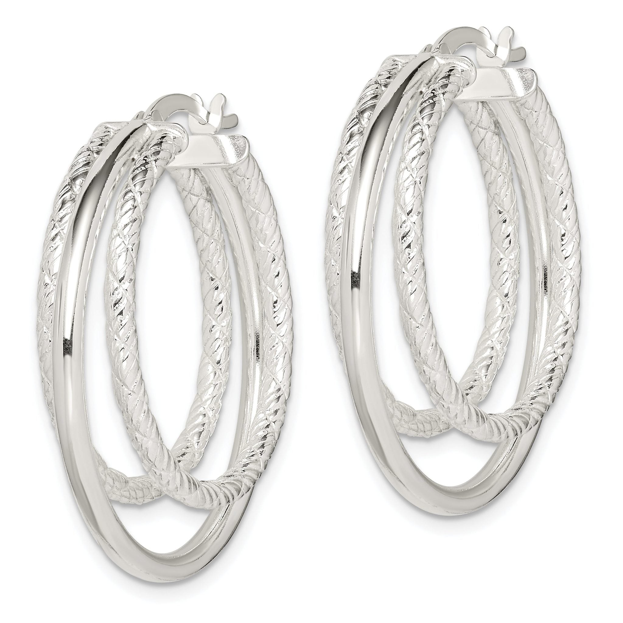 Sterling Silver Textured and Polished Triple Hoop Earrings Secondary image