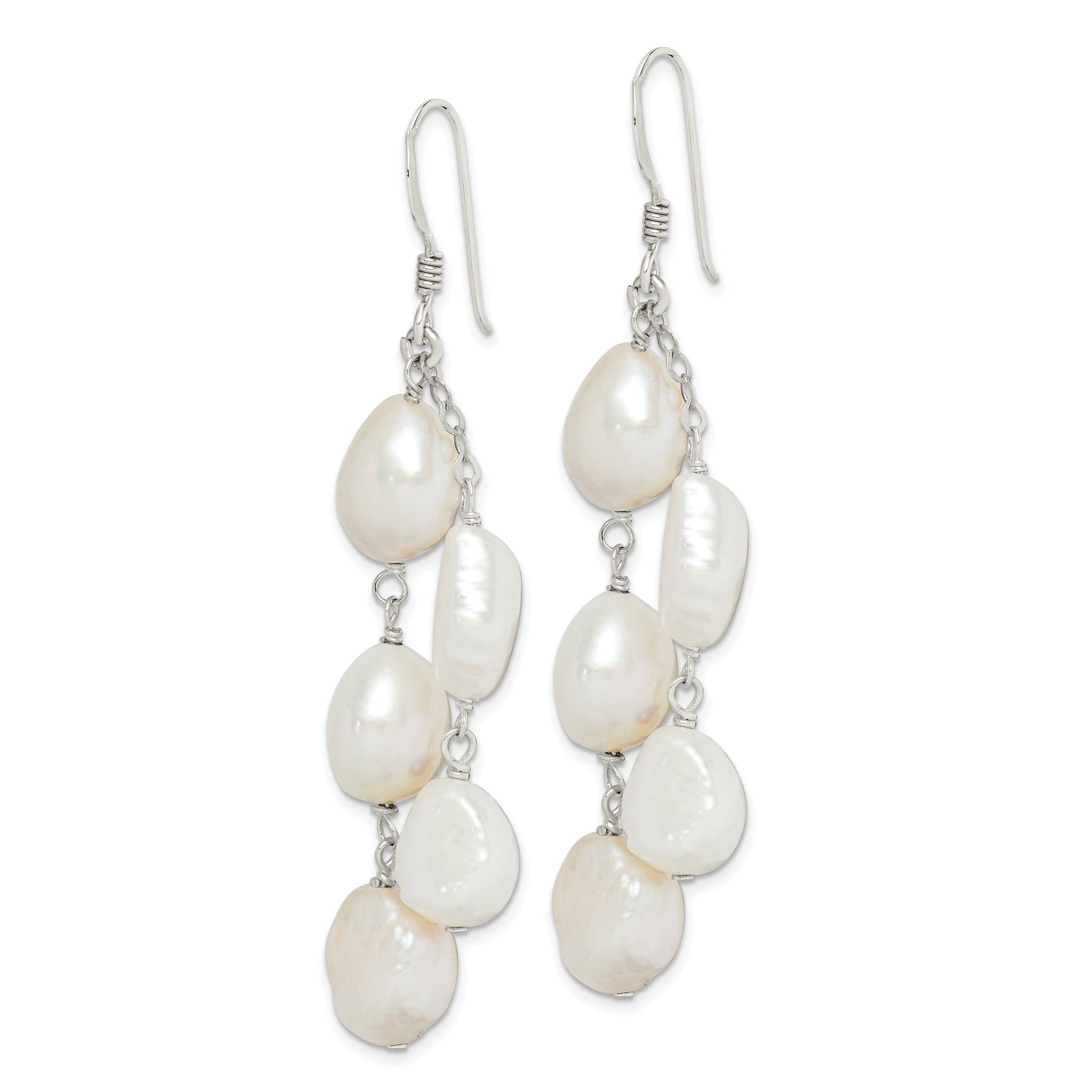 Sterling Silver Polished White 8-10mm Baroque Freshwater Cultured Pearl Two-Strand Dangle Earrings Secondary image