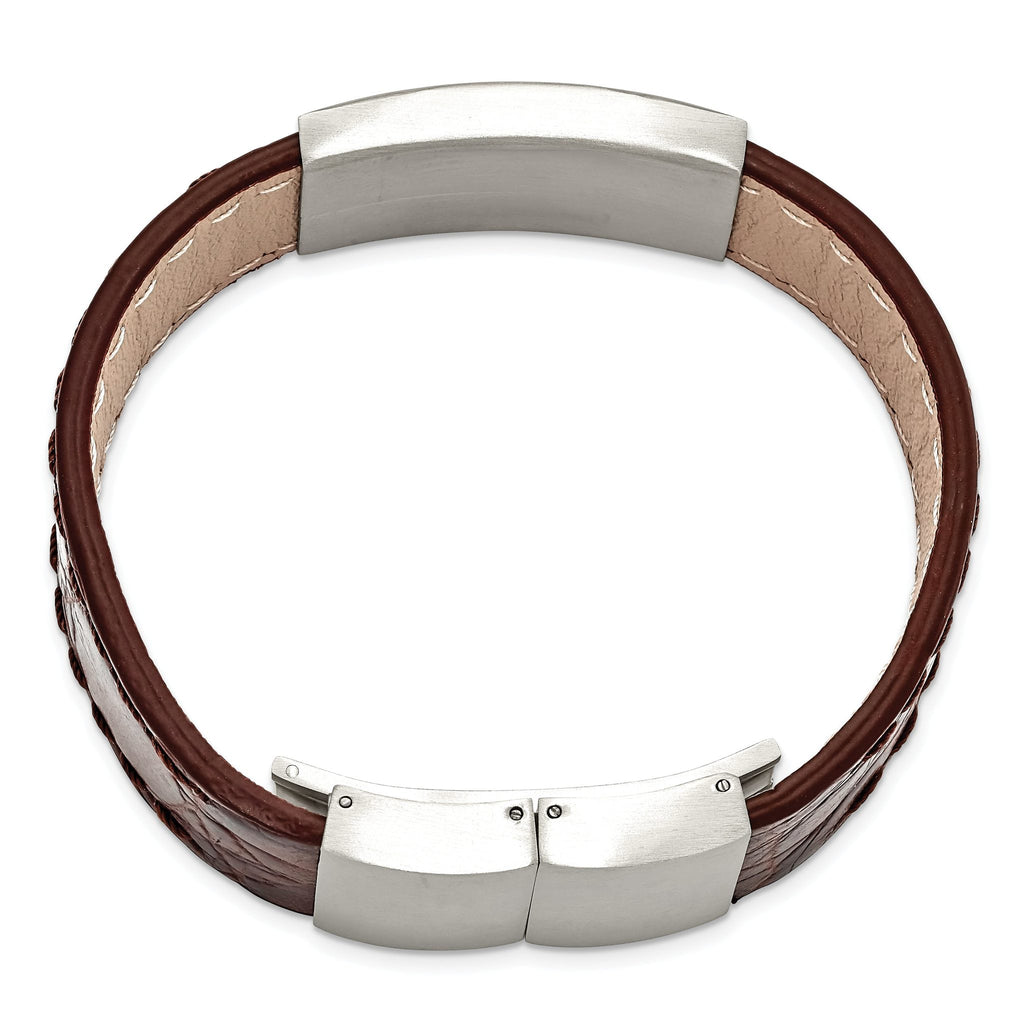 Stainless Steel Brushed Dark Brown Leather ID Bracelet for Men
