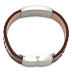 Stainless Steel Brushed Dark Brown Leather ID Bracelet for Men