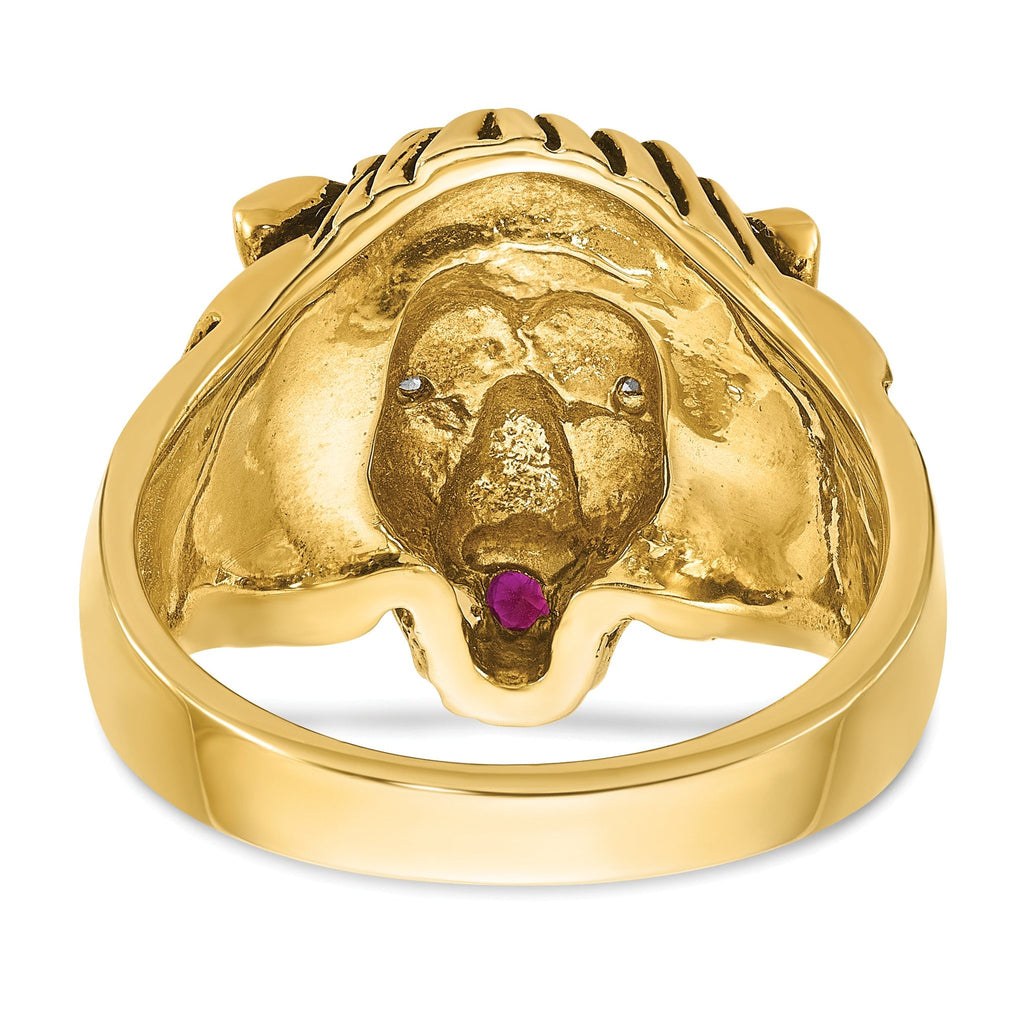 14k Mens 1/20 carat Diamond and Ruby Antiqued Lion Complete Ring