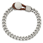 Stainless Steel Brushed and Polished Curb Chain with Brown Braided Leather Hook Bracelet for Men
