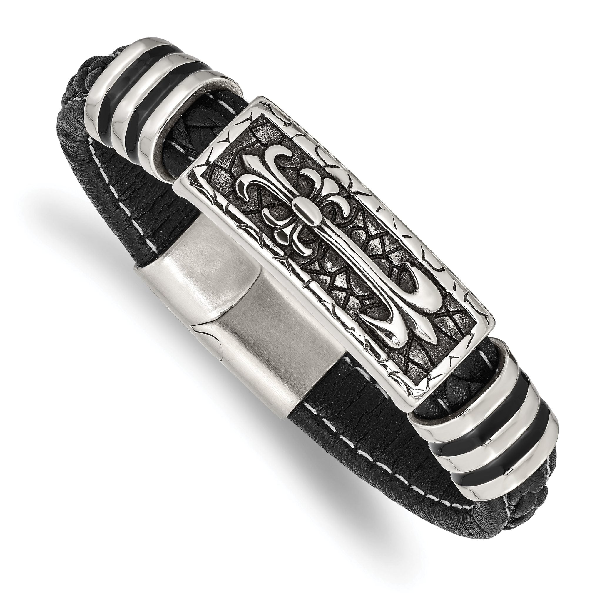 Stainless Steel Antiqued and Polished with Enamel Cross Black Faux Leather Bracelet for Men Main image