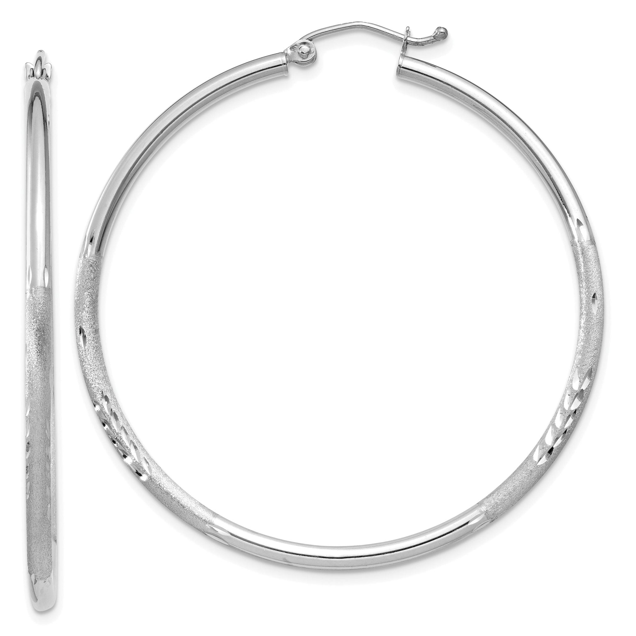 14k White Gold Satin and Diamond-cut 2mm Round Hoop Earrings Main image