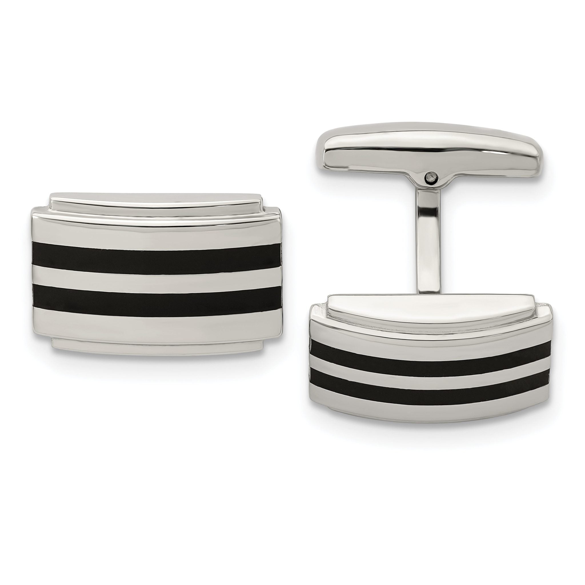 Polished Rectangle Cufflinks in Stainless Steel with Black Rubber Main image