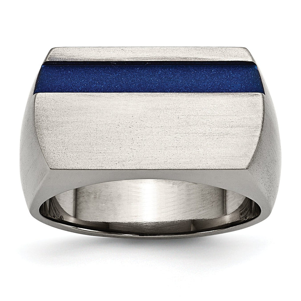Titanium Men's Ring with Polished Brushed Grey and Blue Anodized Stripe
