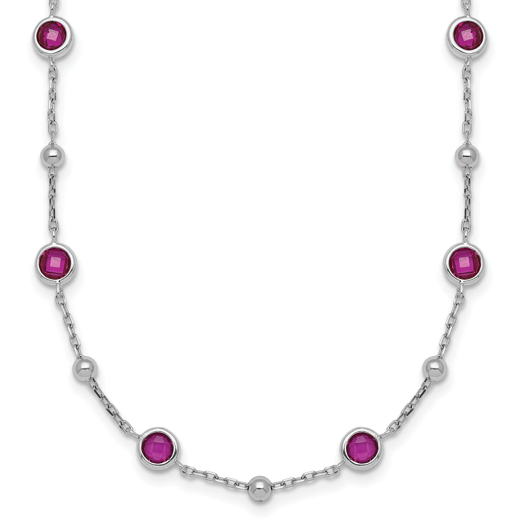 Sterling Silver Rhodium-plated Polished and Beaded Bezel-set Round Red CZ 16 Inch with 2 Inch Extension Necklace