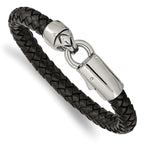 Stainless Steel Antiqued and Polished Black Braided Leather Bracelet for Men