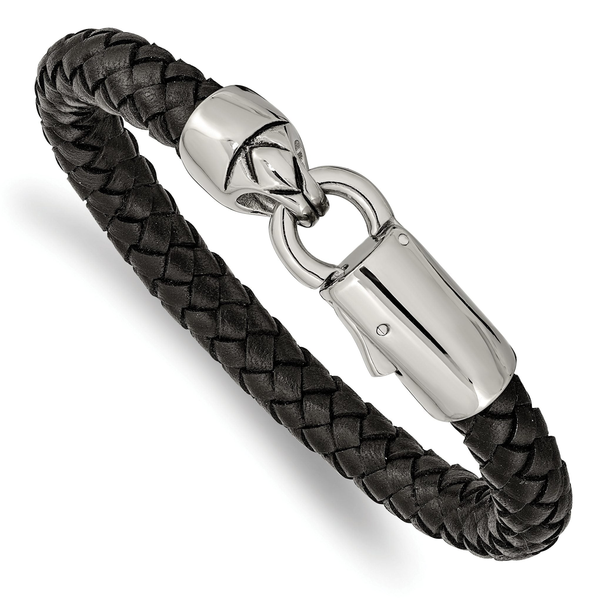 Stainless Steel Antiqued and Polished Black Braided Leather Bracelet for Men