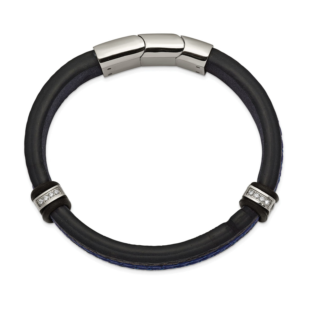 Stainless Steel Polished with Cubic Zirconia Black and Blue Braided Leather Bracelet with . Extension for Men