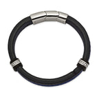 Stainless Steel Polished with Cubic Zirconia Black and Blue Braided Leather Bracelet with . Extension for Men
