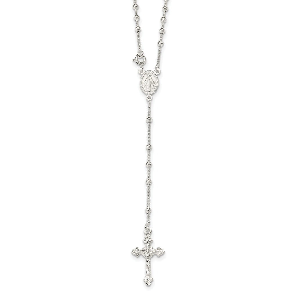 Sterling Silver 925 Polished Bead Rosary Necklace for Women 16 Inch
