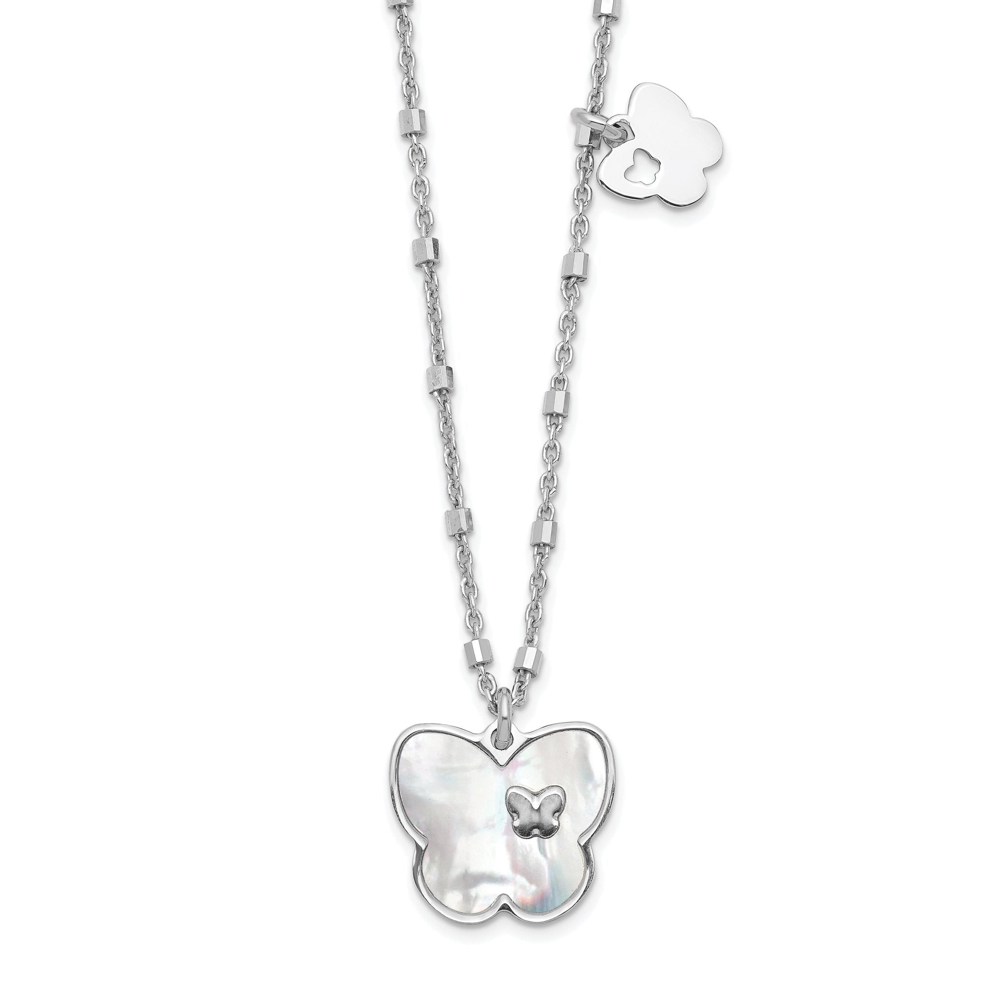 Sterling Silver Rhodium-plate Mother of Pearl Butterfly w/1in Ext Necklace Main image