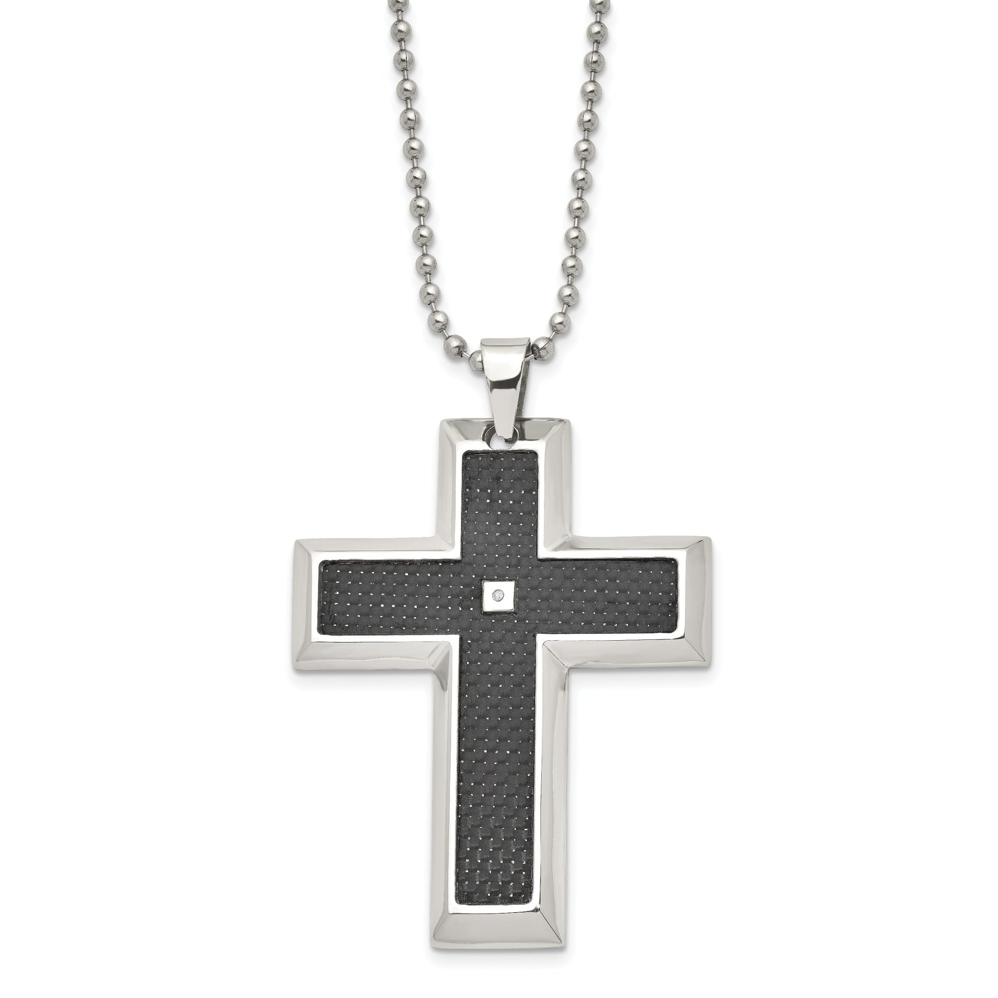 Sophia Jewelers Stainless Steel Diamond Cross Pendant with Carbon Fiber Inlay Main image