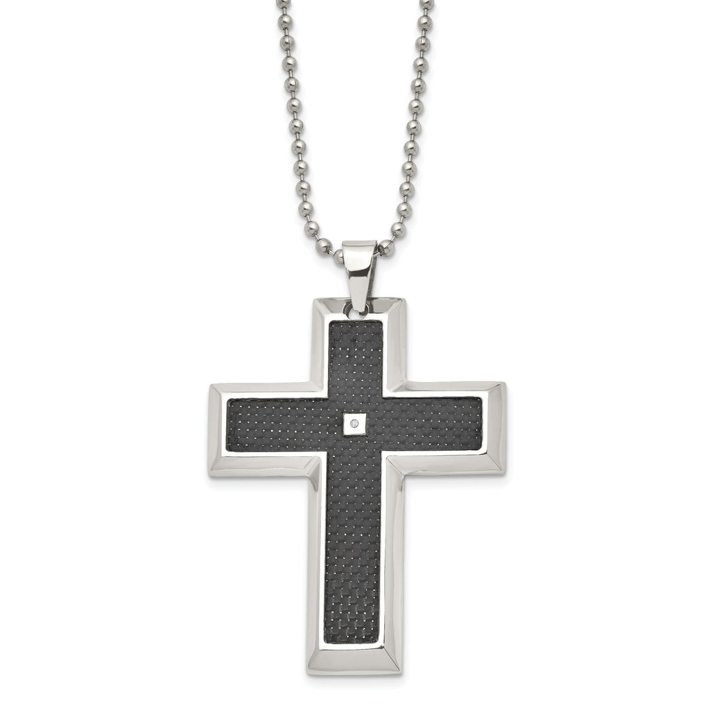 Sophia Jewelers Stainless Steel Diamond Cross Pendant with Carbon Fiber Inlay