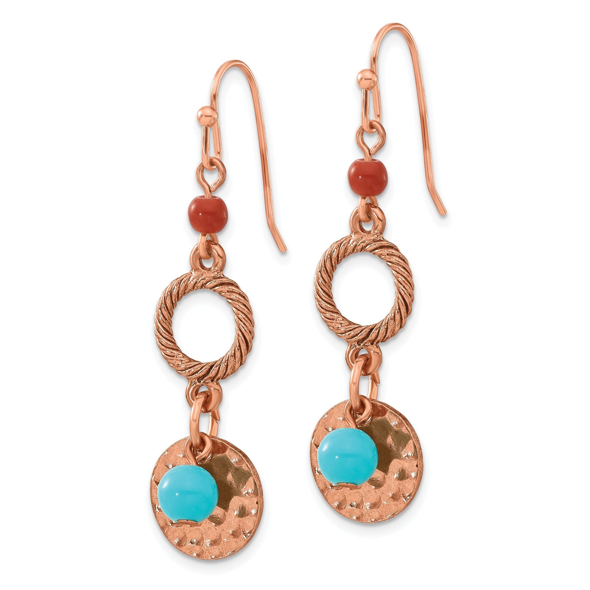 1928 Jewelry Copper-tone Textured and Hammered Aqua and Brown Acrylic Beads Dangle Earrings Secondary image
