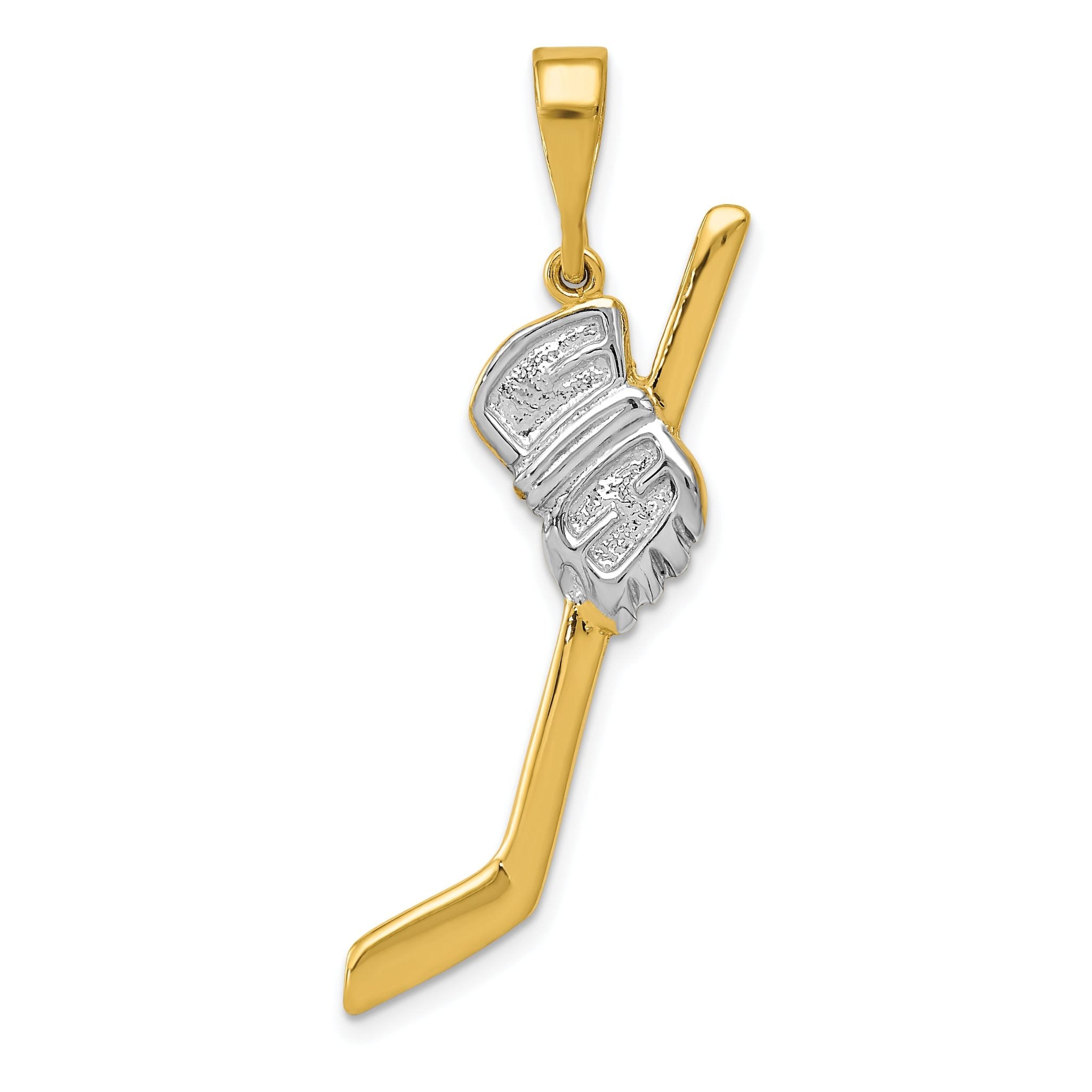 14K Gold and Rhodium Hockey Stick Pendant for Men Solid Polished Textured Charm