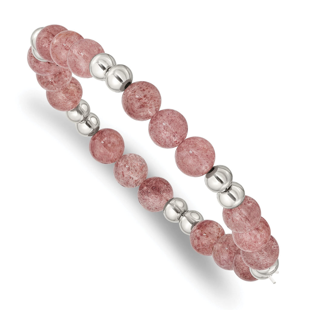 Stainless Steel Polished 6-8mm Strawberry Quartz Beaded Stretch Bracelet for Women