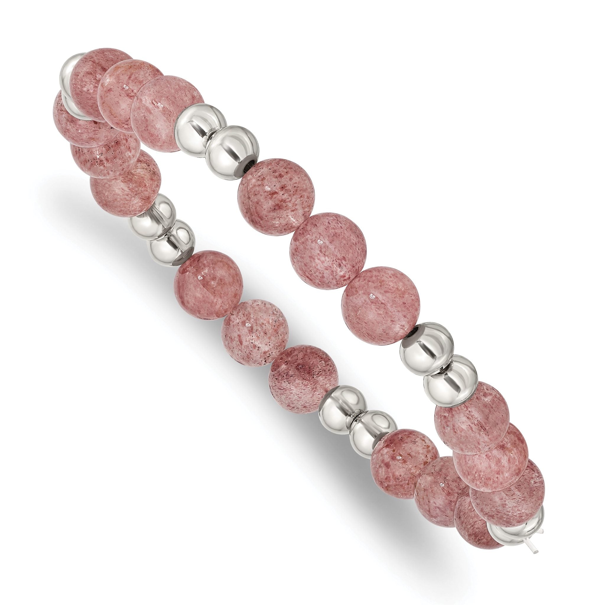Stainless Steel Polished 6-8mm Strawberry Quartz Beaded Stretch Bracelet for Women