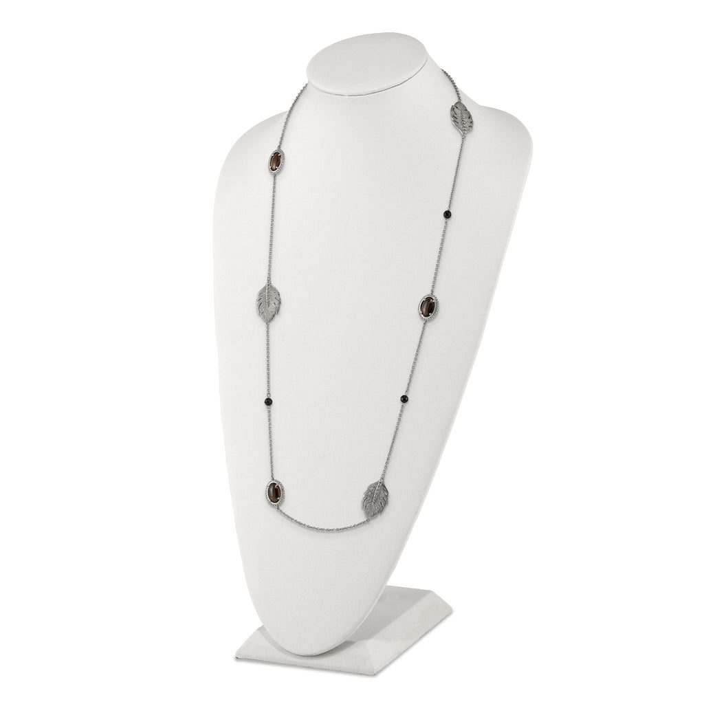 Leaf Smoky Quartz & Black Onyx Necklace in Stainless Steel
