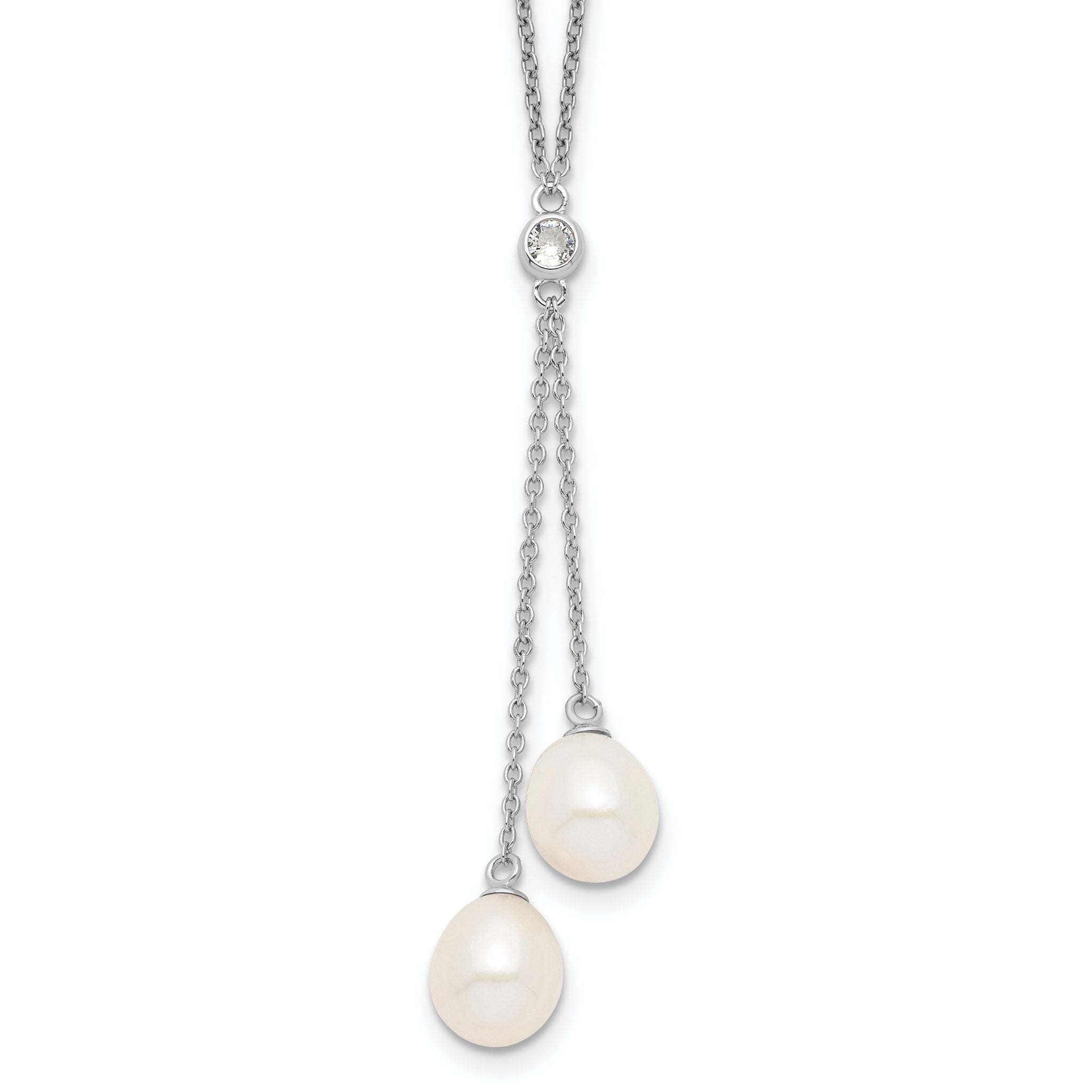 Sterling Silver Freshwater Pearl CZ Dangle Necklace Elegant Polished Finish Main image