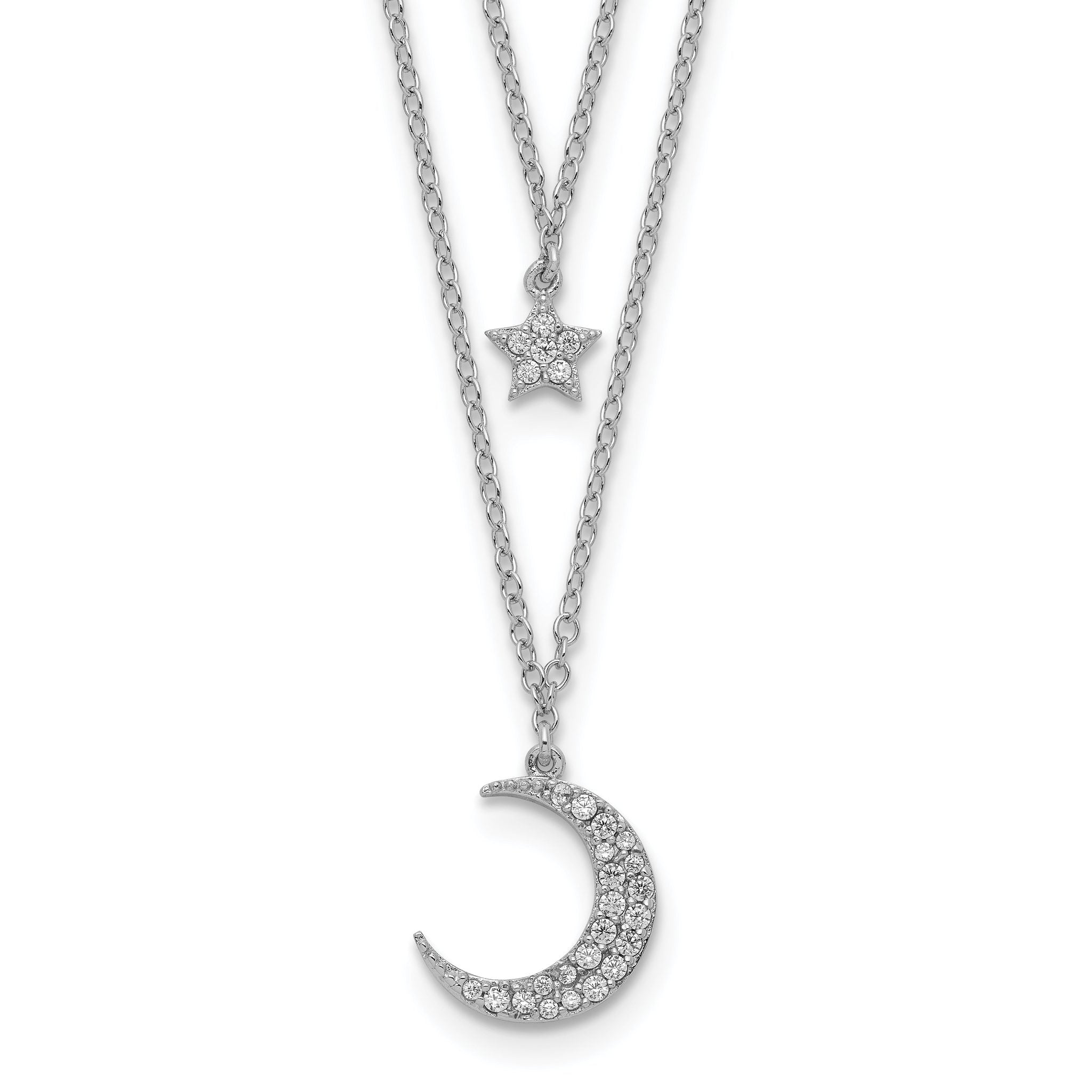 Sterling Silver Rhod-pltd CZ Star and Moon 2in ext 2-strand Necklace Main image