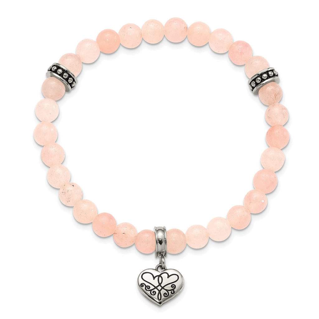 Stainless Steel Antiqued and Polished I Love You More Heart Dangle 6.5mm Pink Jade Beaded Stretch Bracelet for Women