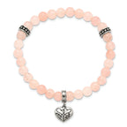 Stainless Steel Antiqued and Polished I Love You More Heart Dangle 6.5mm Pink Jade Beaded Stretch Bracelet for Women