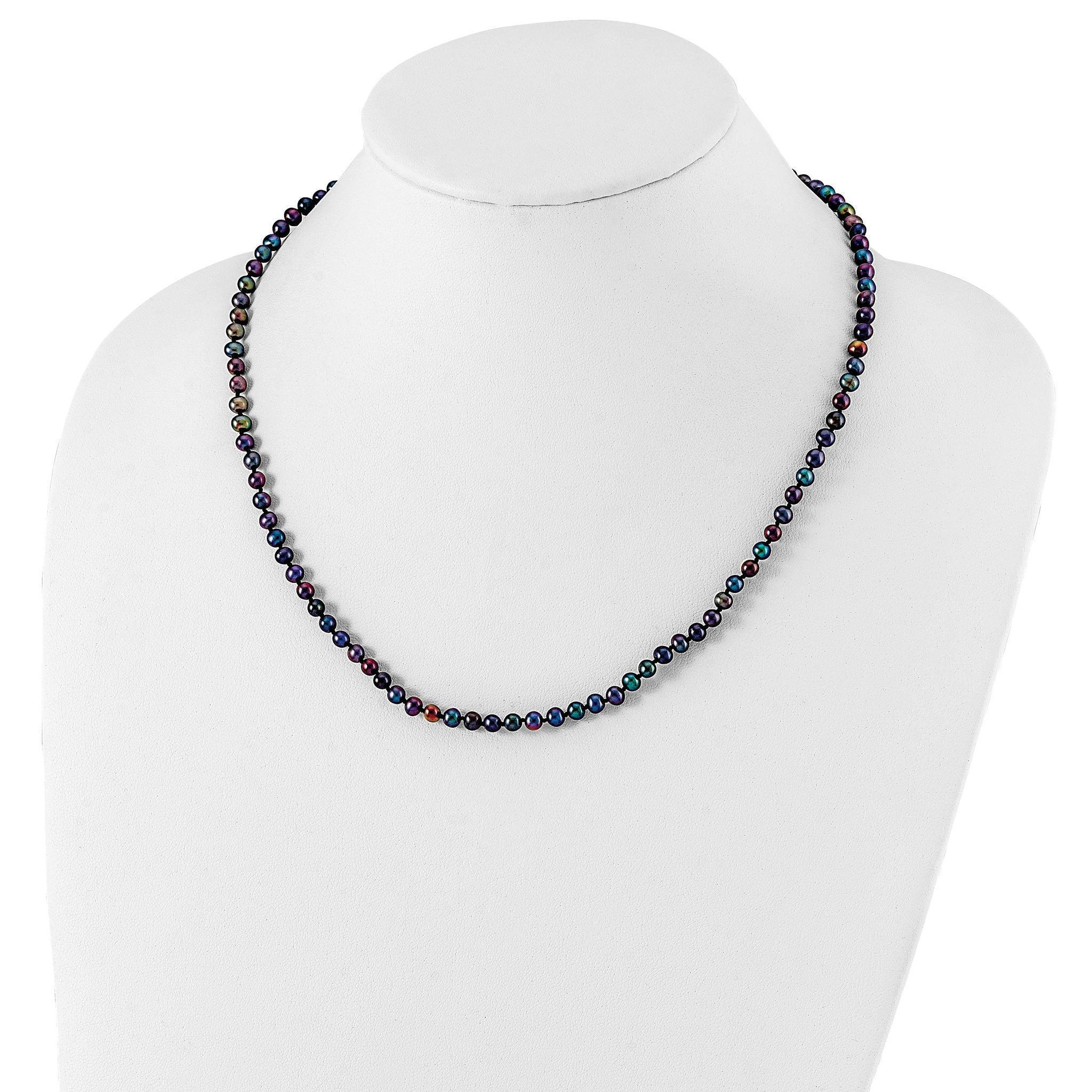 Sterling Silver Rhodium-plated 4-5mm Black Near-Round Freshwater Cultured Pearl 20 inch Necklace