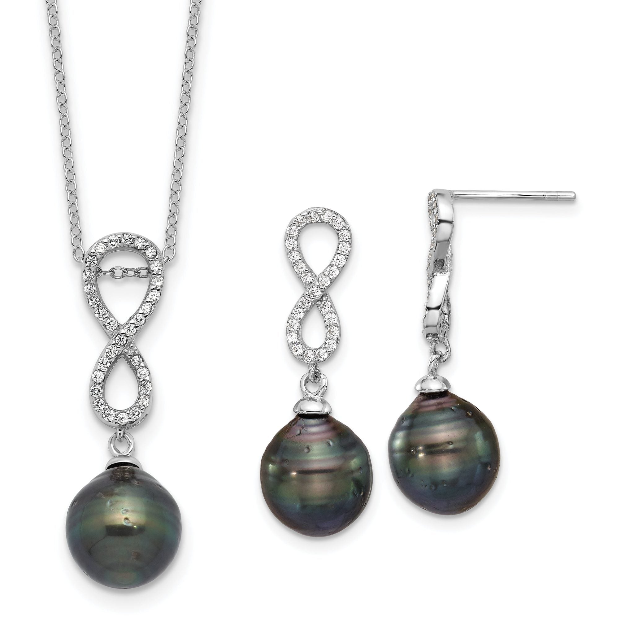Sterling Silver Rhodium-plated 9-10mm Black Teardrop Tahitian Saltwater Cultured Pearl and CZ Infinity 16.75 inch Necklace and Post Dangle Earrings Set Main image