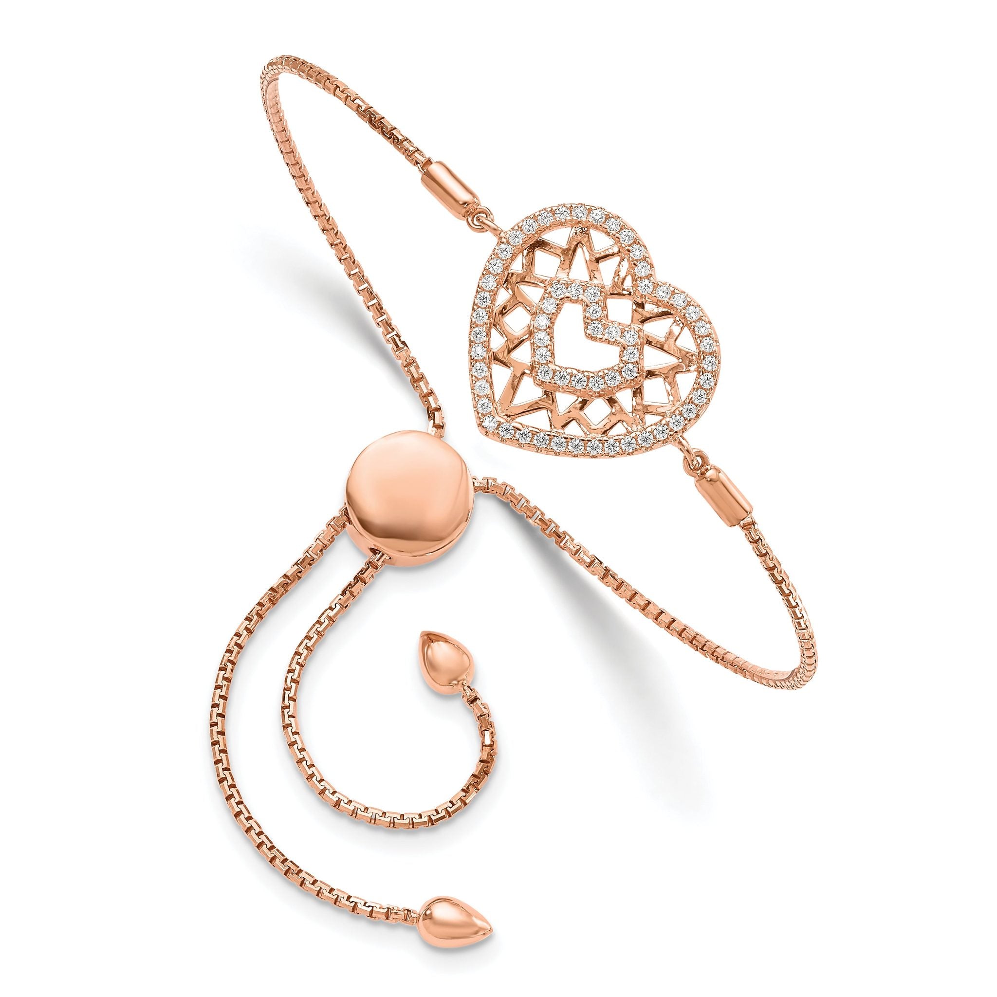 Sterling Silver Rose Gold CZ Heart Adjustable Filigree Bracelet