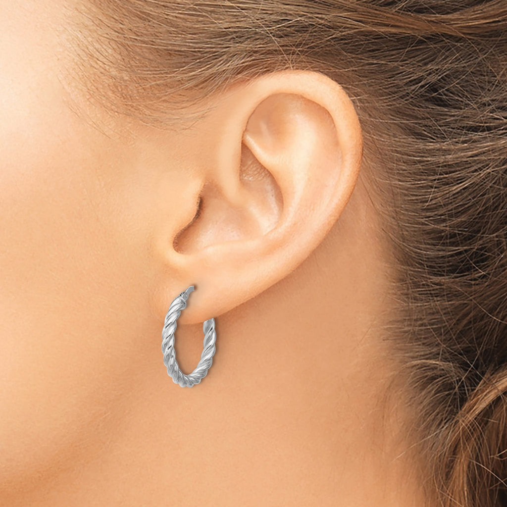 14K w/White RH-plat Polished/Twisted Round Hoop Earrings