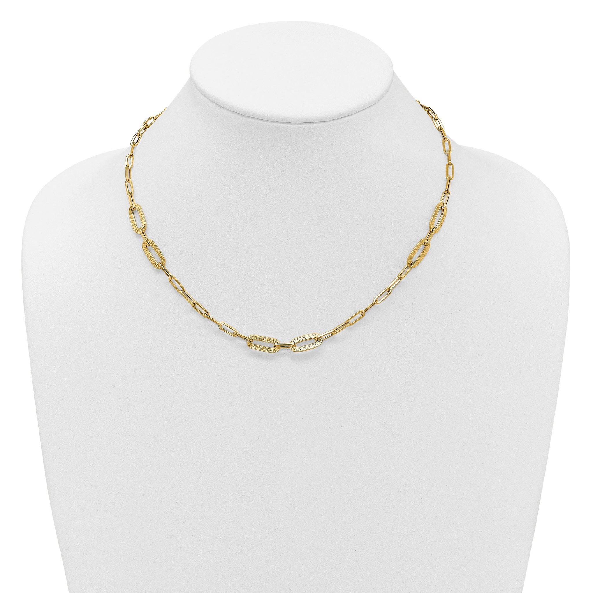 14K Polished Textured Greek Key Paperclip Link Necklace