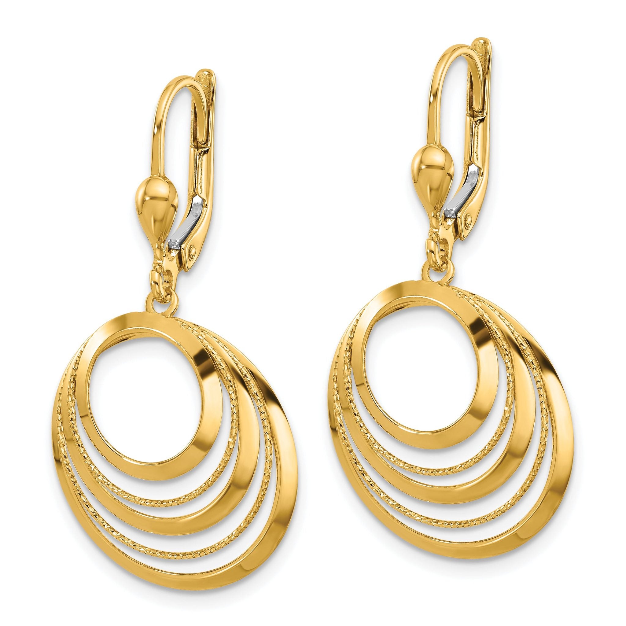 14K Polished and Diamond-cut Circles Dangle Leverback Earrings Secondary image