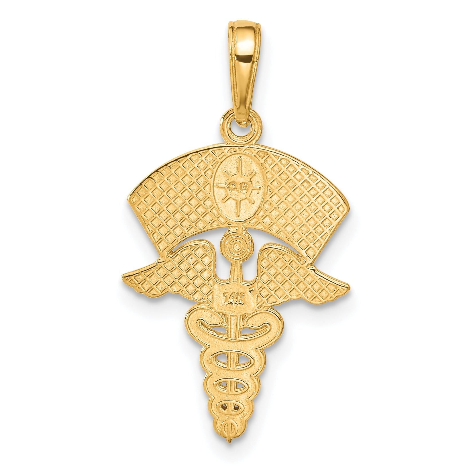14K Gold Caduceus Nurses Cap Pendant with Polished Textured Design