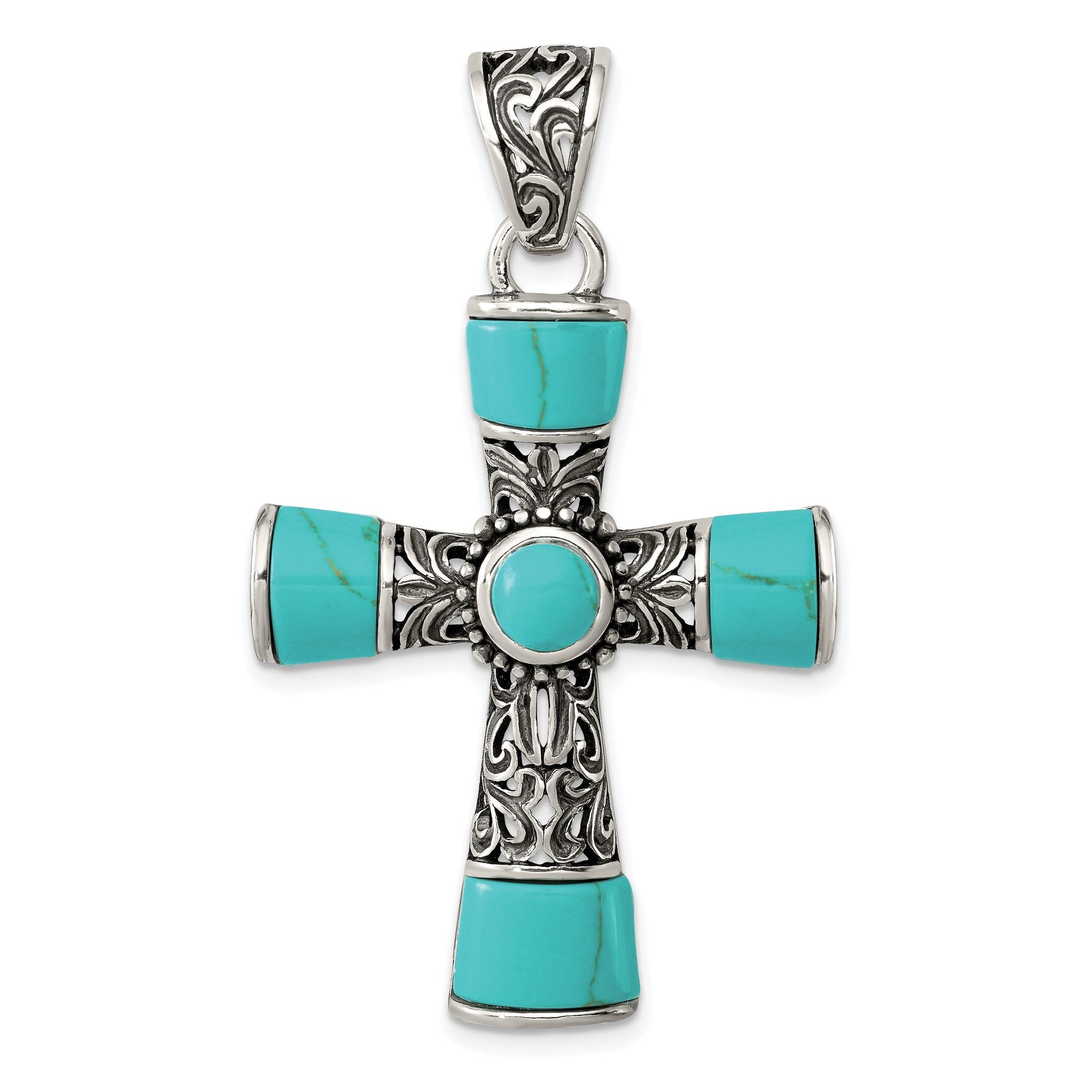 Sterling Silver 925 Cross Pendant with Synthetic Turquoise Vintage Style Main image