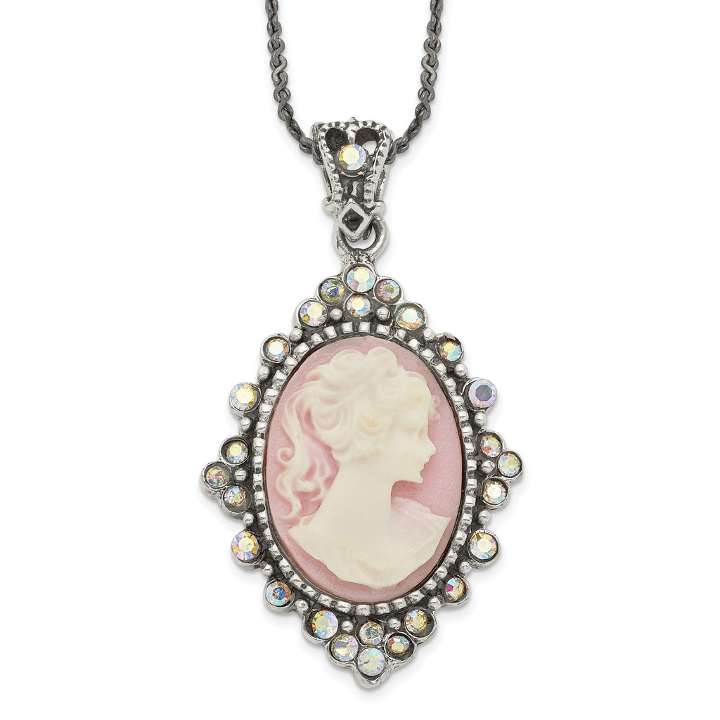 Sterling Silver 925 Women's Vintage Cameo Necklace with Crystal Accent
