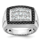 14k White Gold Men's Polished and Textured 1 Carat Black and White Diamond Cluster Ring
