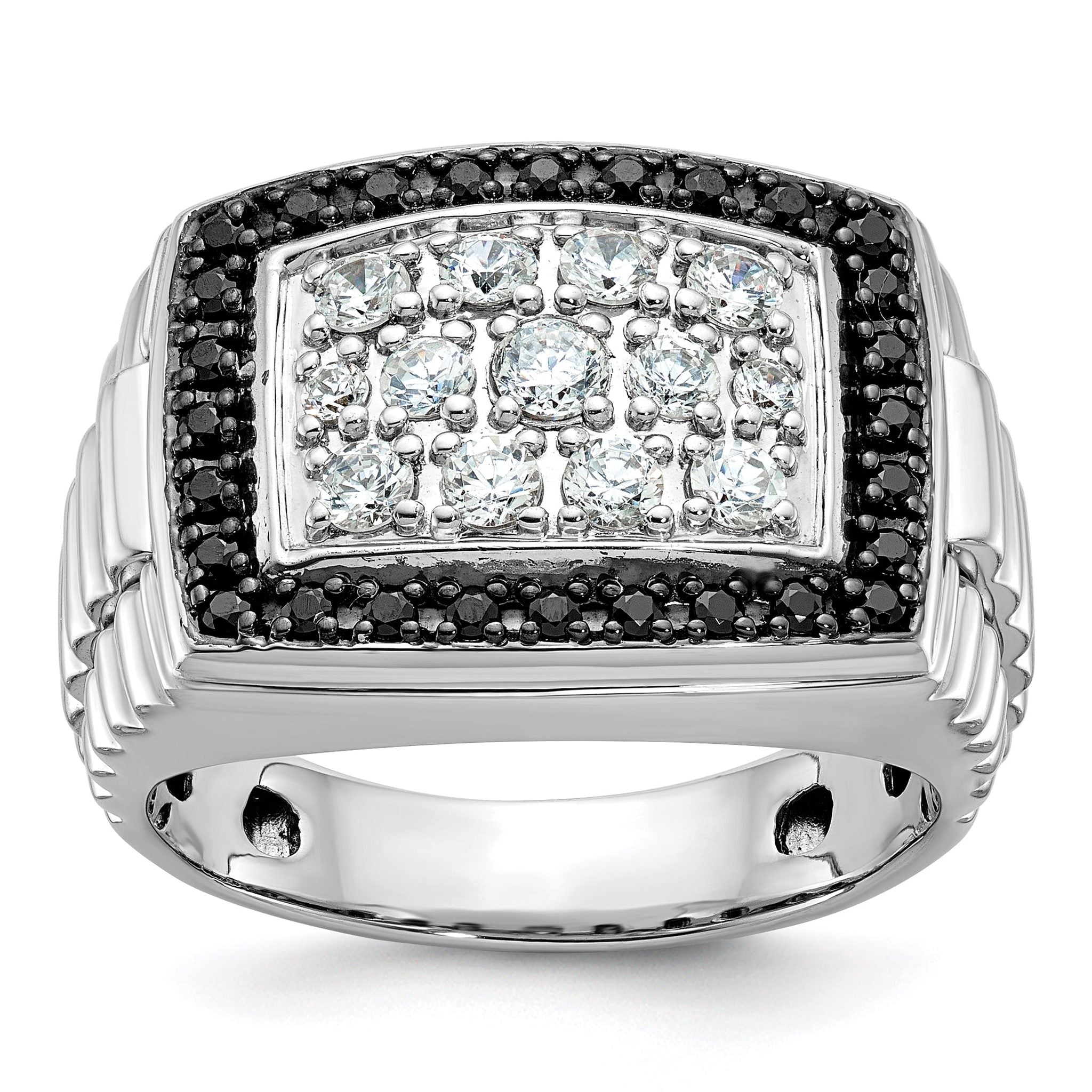 14k White Gold Men's Polished and Textured 1 Carat Black and White Diamond Cluster Ring
