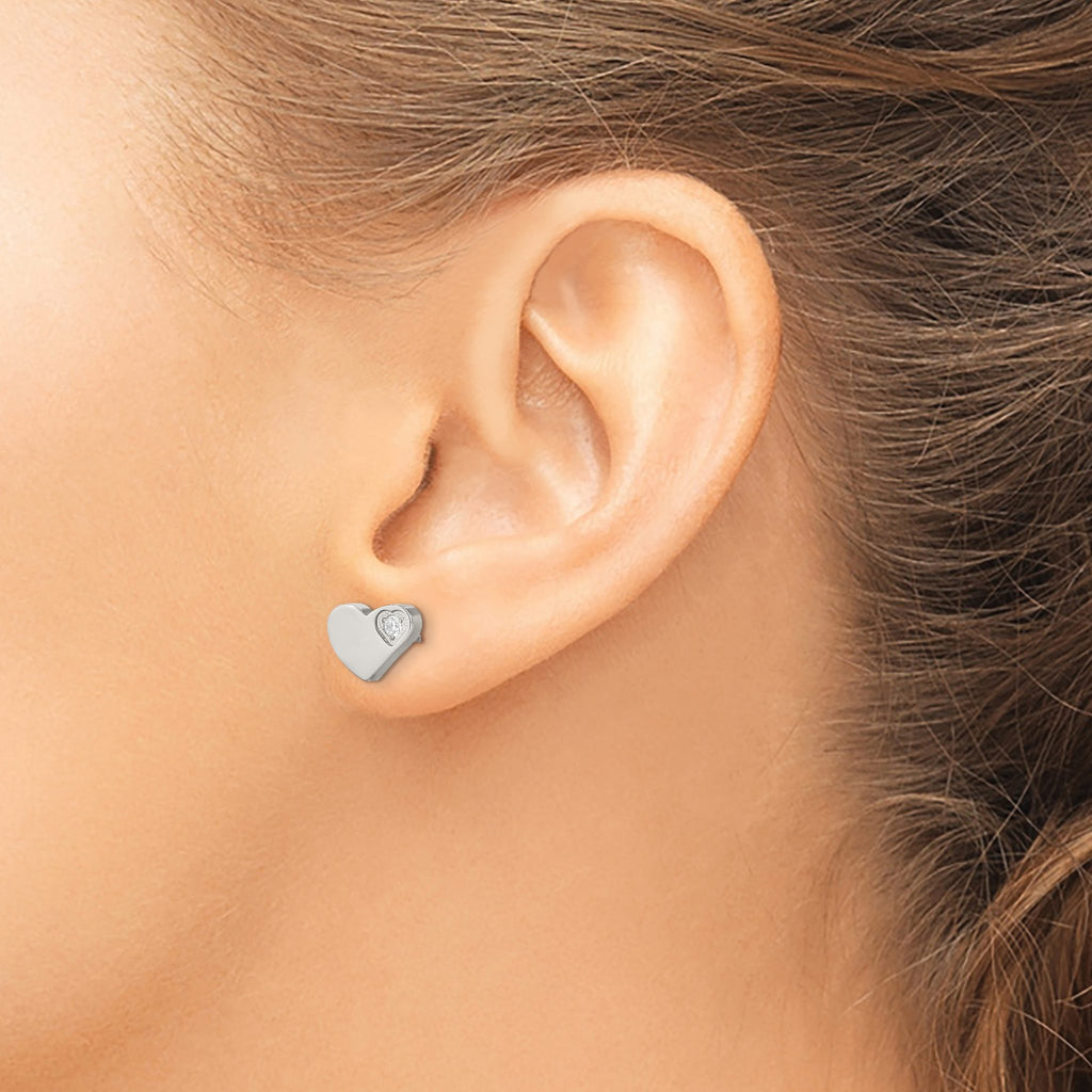 Stainless Steel Polished Heart Cubic Zirconia Button Earrings for Women