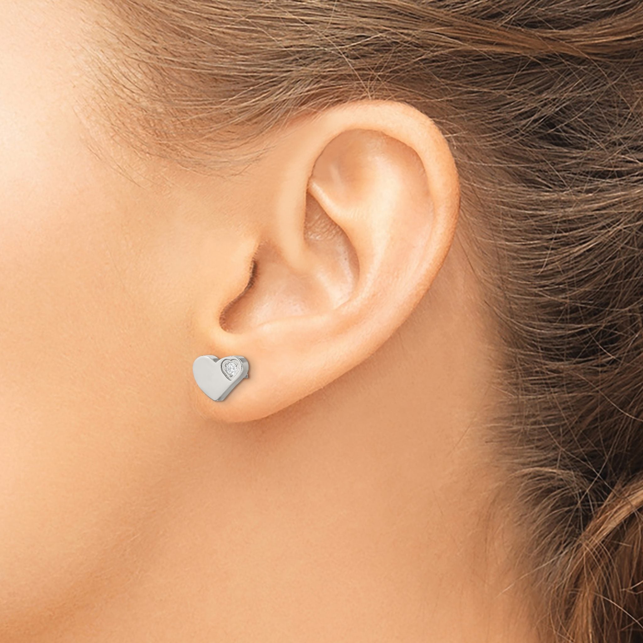 Stainless Steel Polished Heart Cubic Zirconia Button Earrings for Women