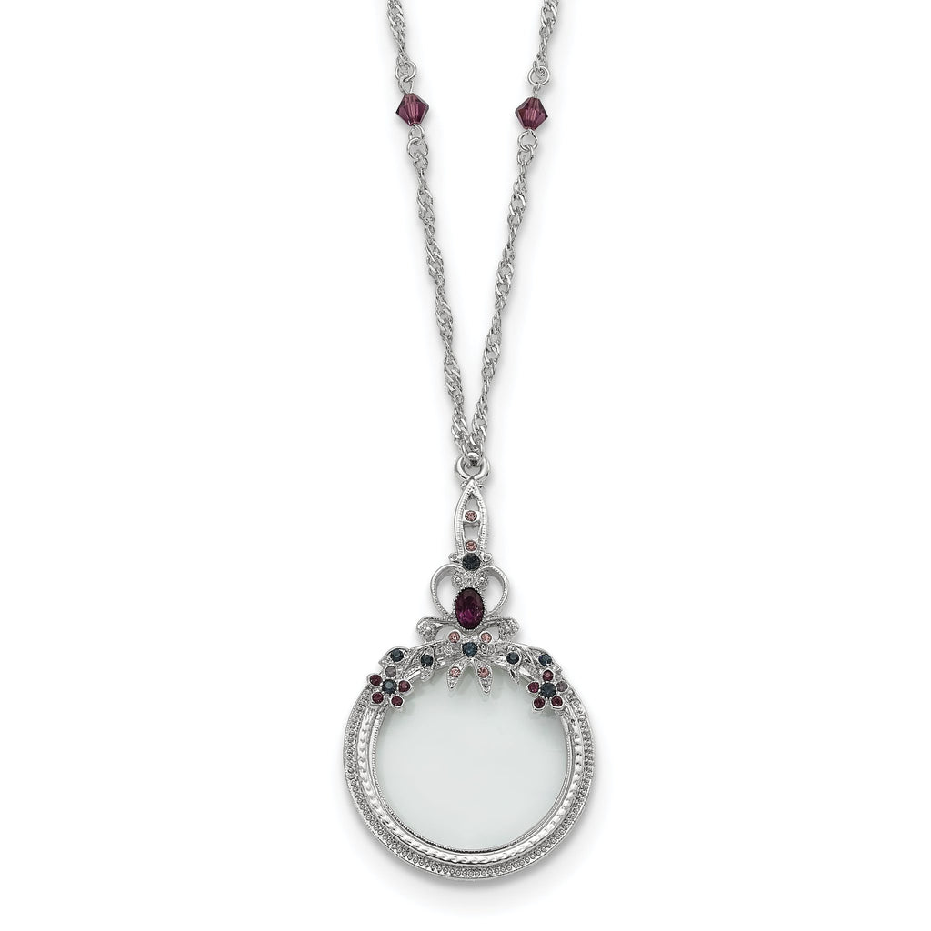1928 Jewelry Pewter-tone Blue and Purple Crystal 2X Magnifying Glass 30 inch Vintage Necklace