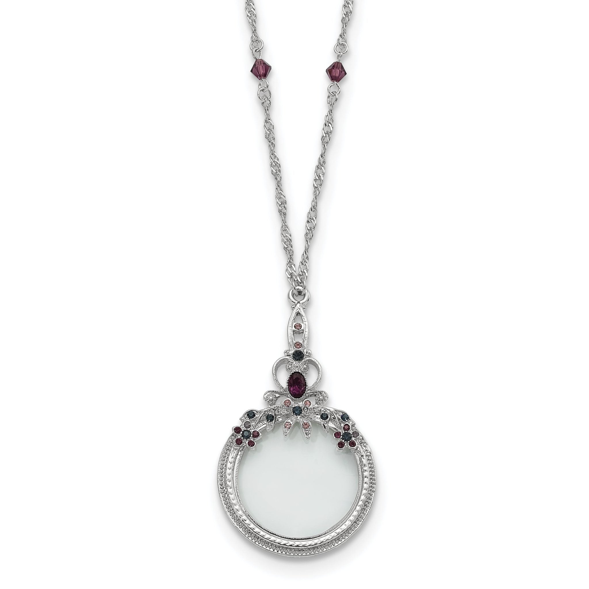1928 Jewelry Pewter-tone Blue and Purple Crystal 2X Magnifying Glass 30 inch Vintage Necklace