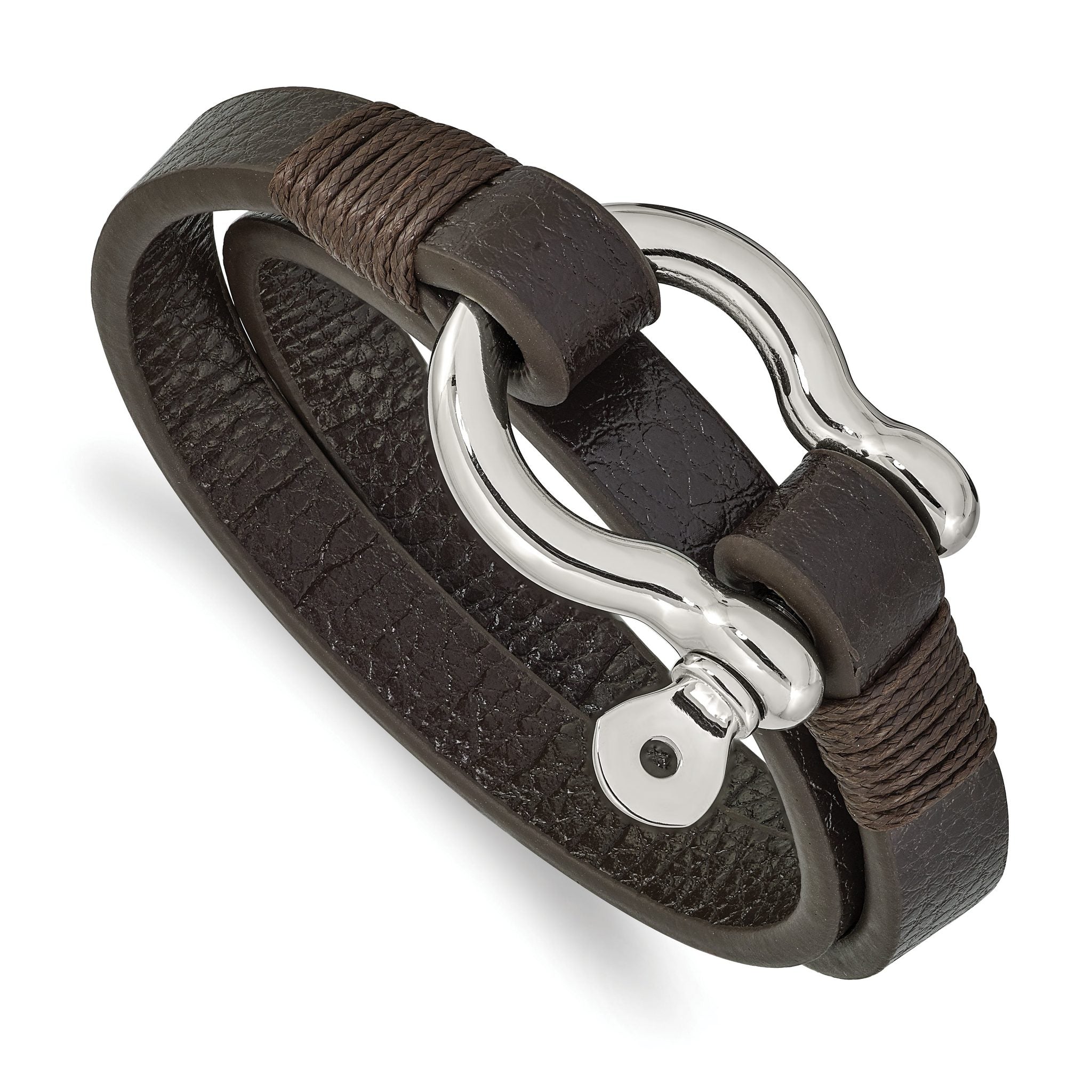 Stainless Steel Polished Shackle Brown Leather Wrap Bracelet for Men Main image