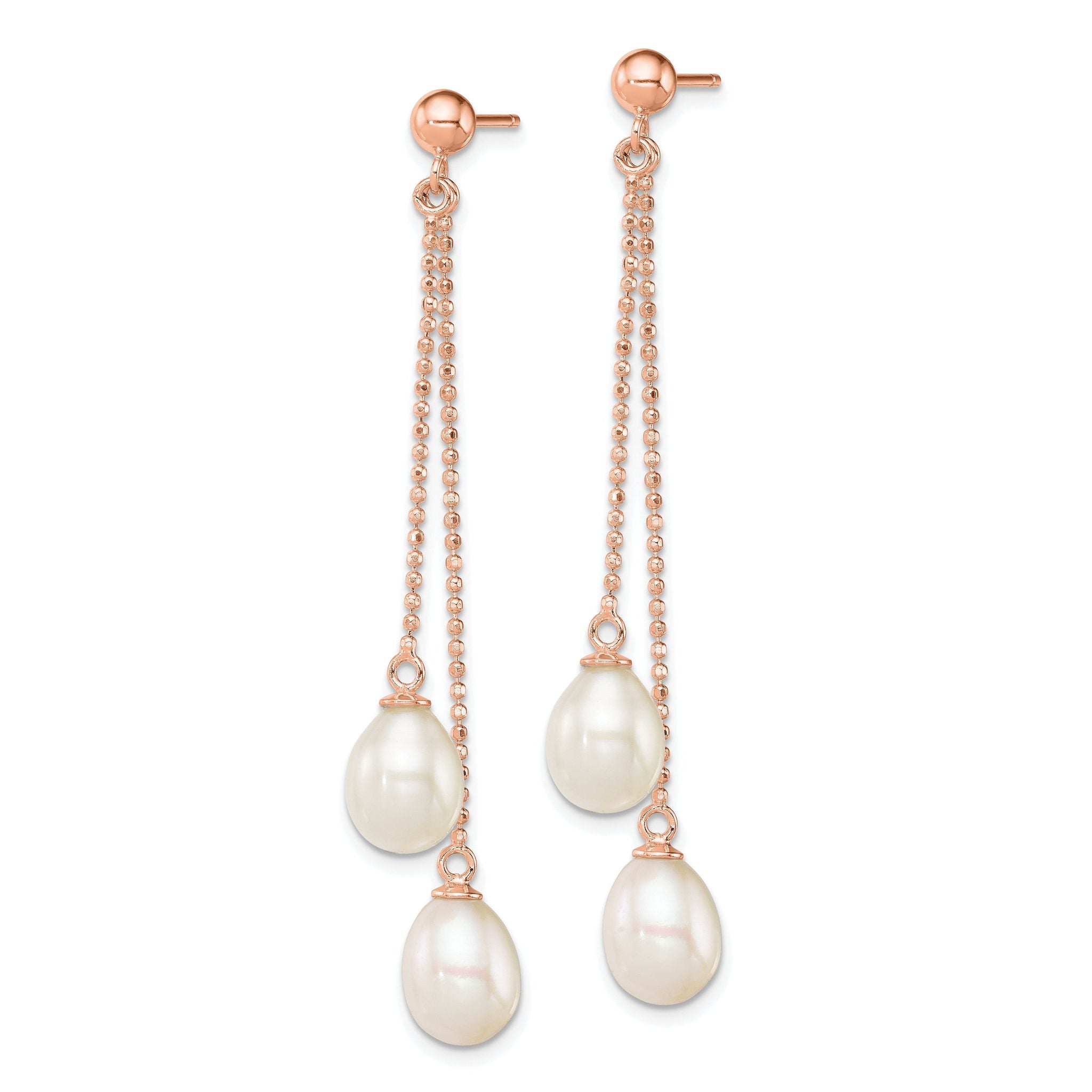 Sterling Silver Rose-tone 7-8mm White Rice Freshwater Cultured Pearl Post Dangle Earrings Secondary image