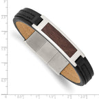 Stainless Steel Polished with Wood Inlay Black Leather with . ext Bracelet