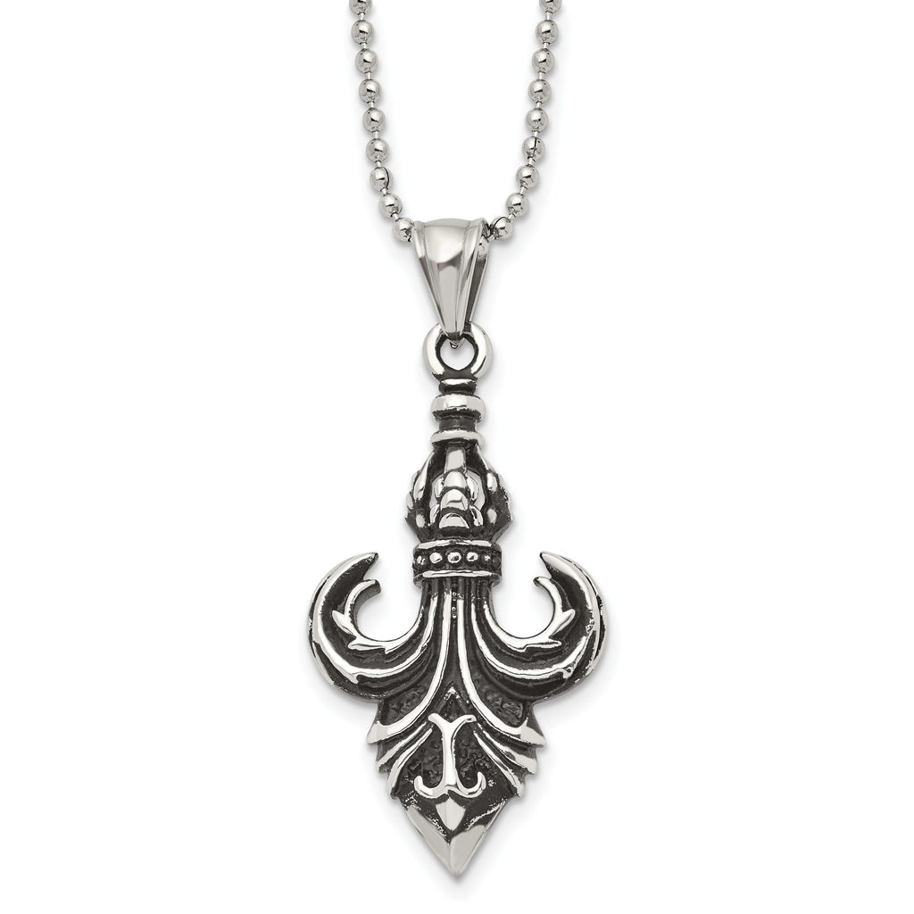 Sophia Jewelers Stainless Steel Men's Fleur de Lis Necklace 24 Polished & Antiqued
