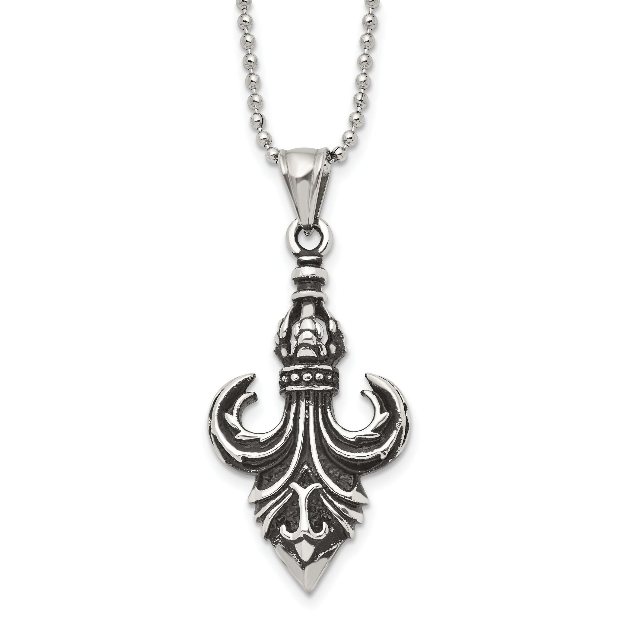 Sophia Jewelers Stainless Steel Men's Fleur de Lis Necklace 24 Polished & Antiqued