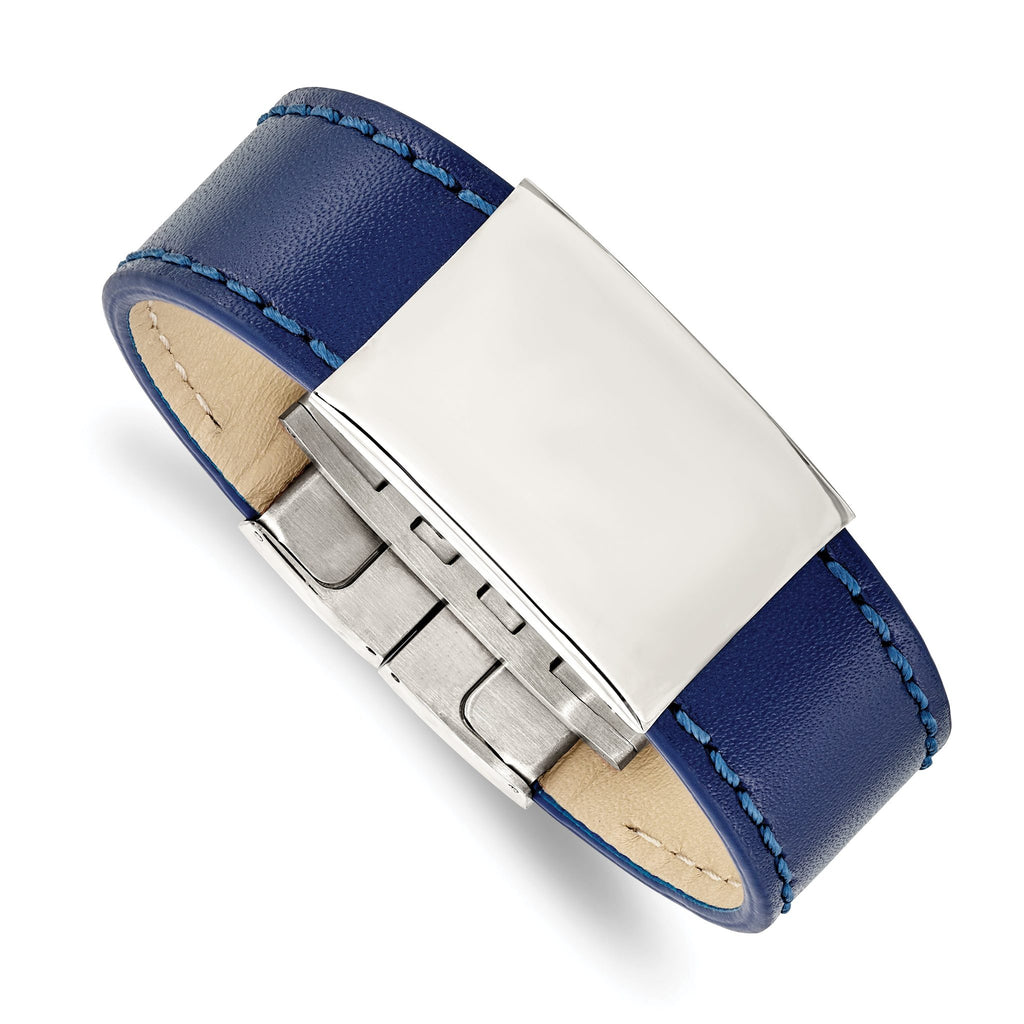 Stainless Steel Polished Blue Leather ID Bracelet for Men