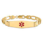 14K Medical Solid Chain/Solid Plate Soft Diamond Shape 40x12mm Centered Red Enamel Flat Figaro Link 8 inch ID Bracelet